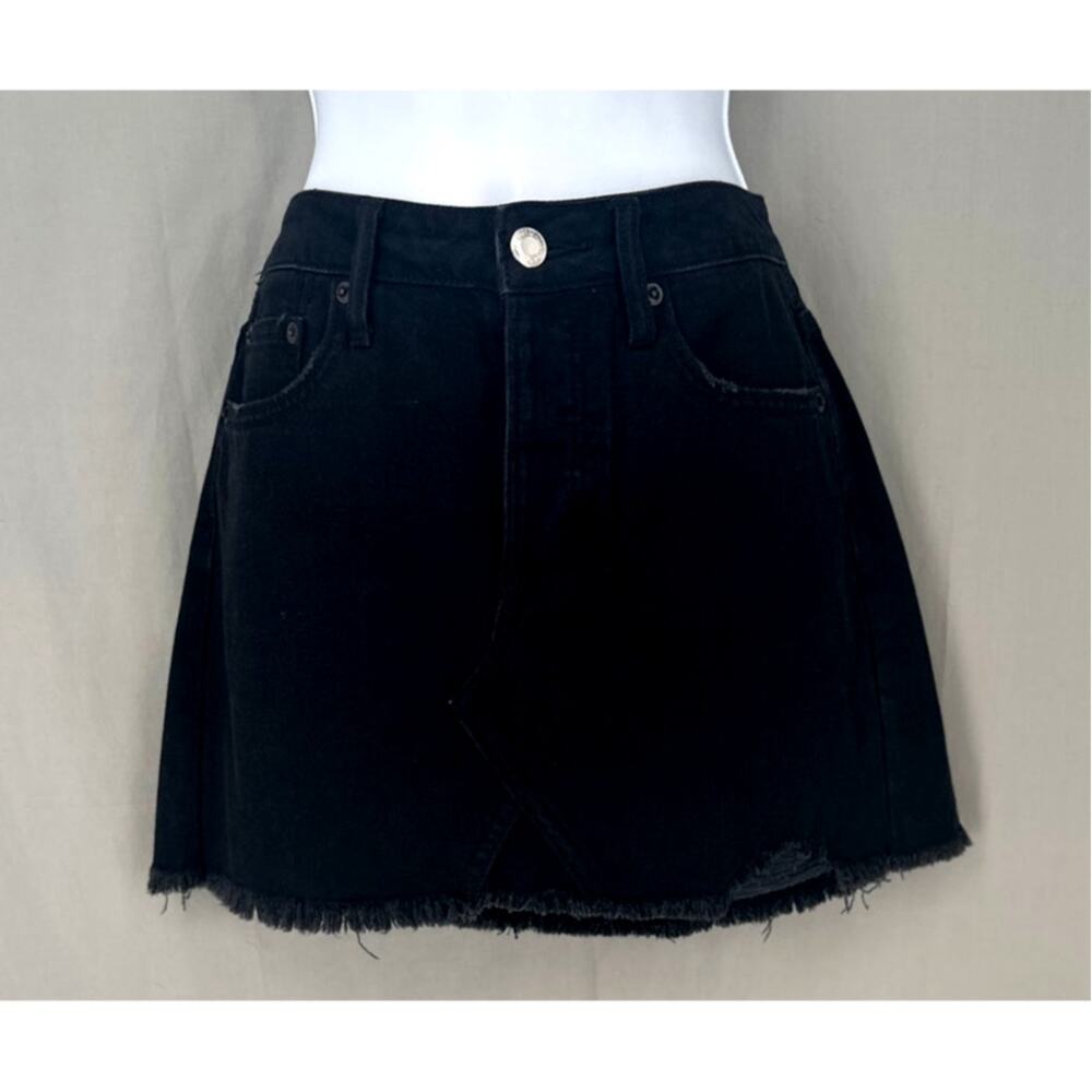 American Eagle Skirt Womens 4 Black Denim Mini Distressed Button Fly Pockets